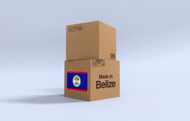 Made in Belize, Carboard carton boxes with Belizean flag 3D Render