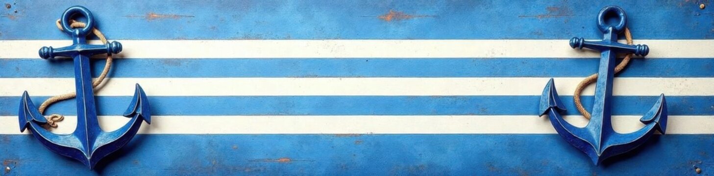 Striped nautical banner with anchor & compass, blue & white design, stripe, adventure, ocean