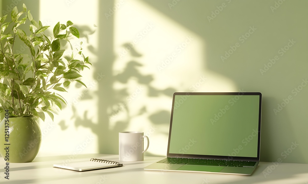 Poster a laptop with a green screen mockup on a desk, ideal for digital presentations or design projects.