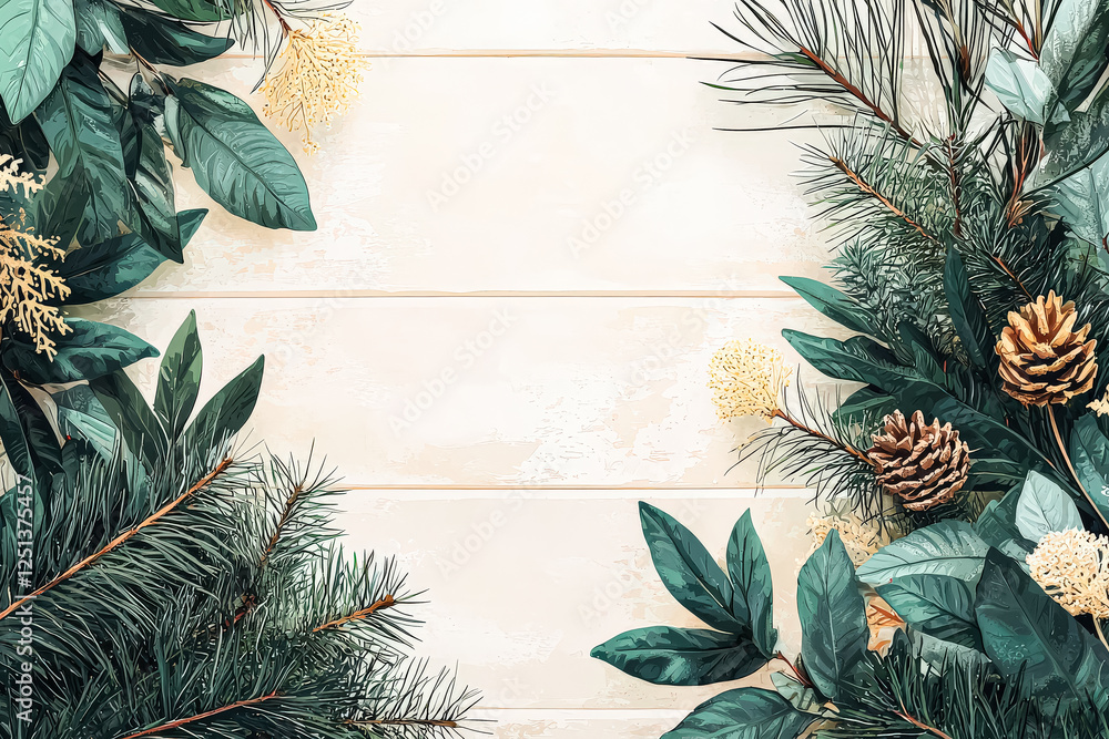 Poster white background with green leaves and pine cones. the pine cones are scattered throughout the image
