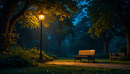 Serene Night Park Scene with Bench and Glowing Street Lamp 