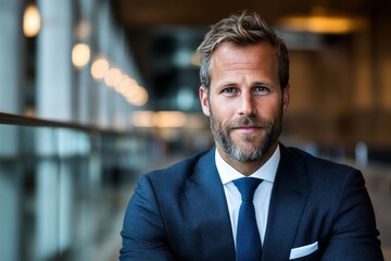 Fototapeta premium Professional man with beard in suit poses confidently in modern office setting during daytime