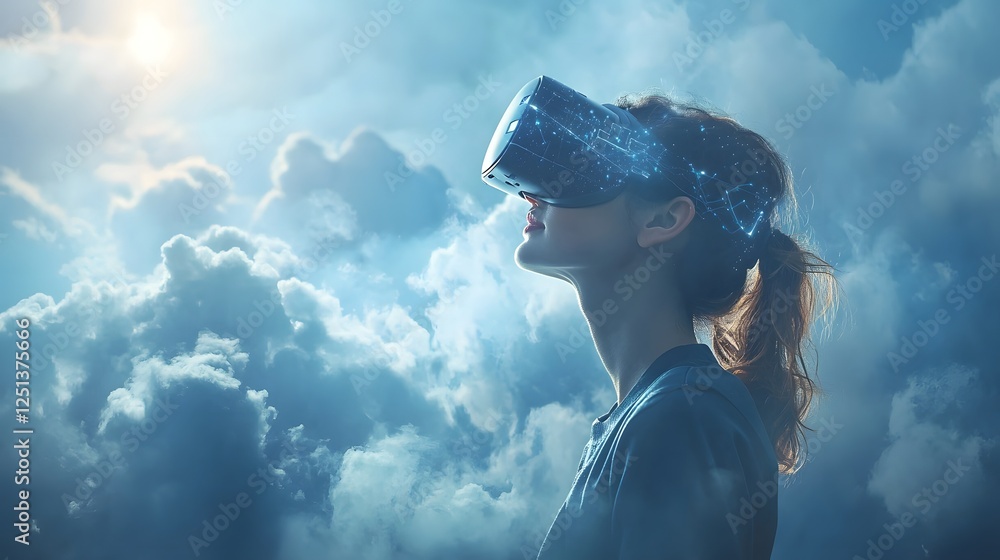 Poster futuristic and abstract digital scene depicting the immersive world of virtual reality cloud computi