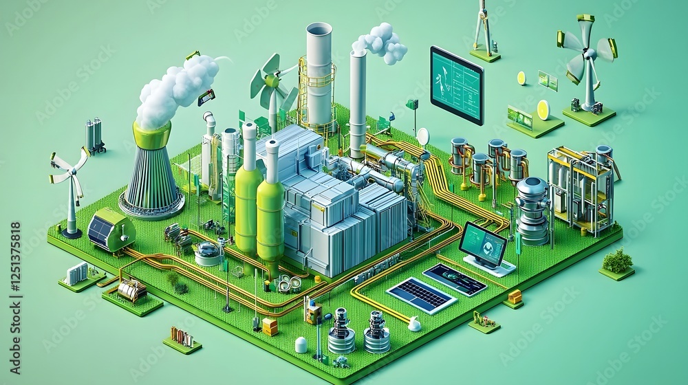 Poster isometric of a futuristic city with various energy efficient and sustainable technologies such as wi
