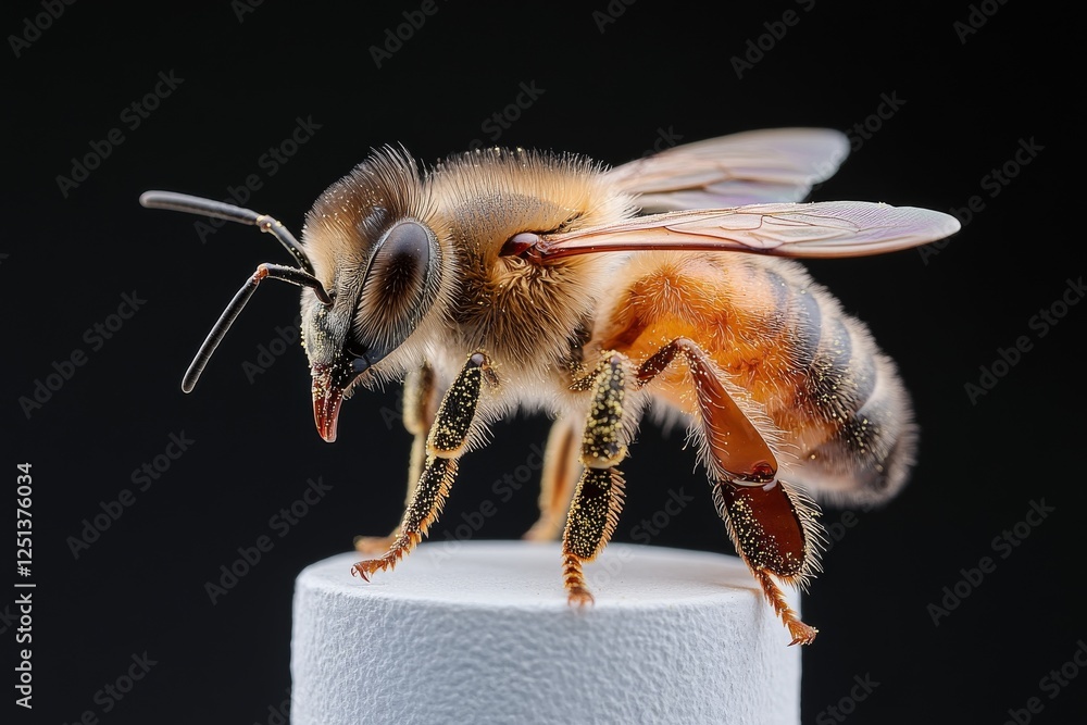 Aufkleber close-up view of a honeybee displaying intricate details of its body and wings on a neutral backgrou