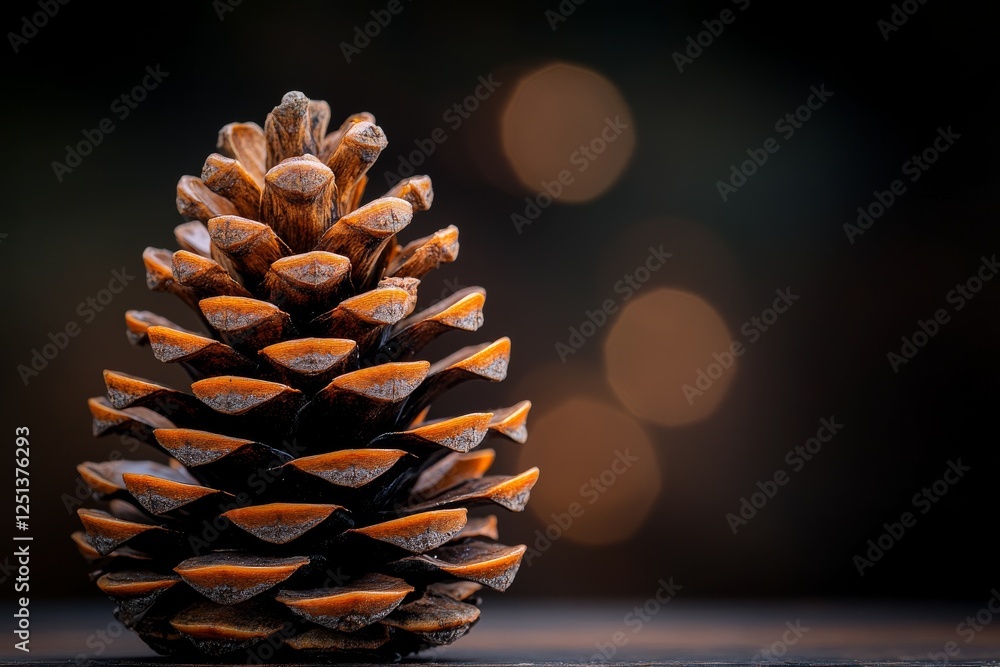 Poster beautifully textured pine cone on a dark background with soft bokeh lights creates a calm and natura