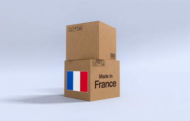 Made in France, Carboard carton boxes with French flag 3D Render