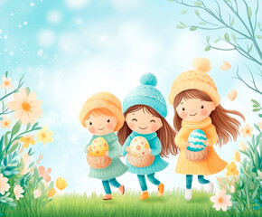 An Easter celebration scene with decorated eggs, cheerful children playing in a sunny park, pastel colors, joyful atmosphere, capturing the spirit of spring festivities