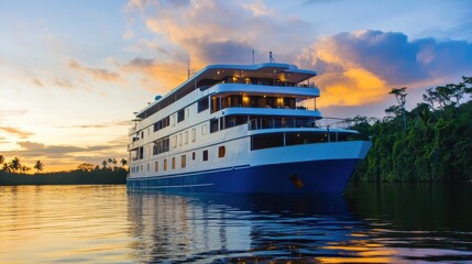 Obraz premium A luxurious river cruise ship docked in serene waters at sunset, surrounded by lush greenery and colorful clouds.