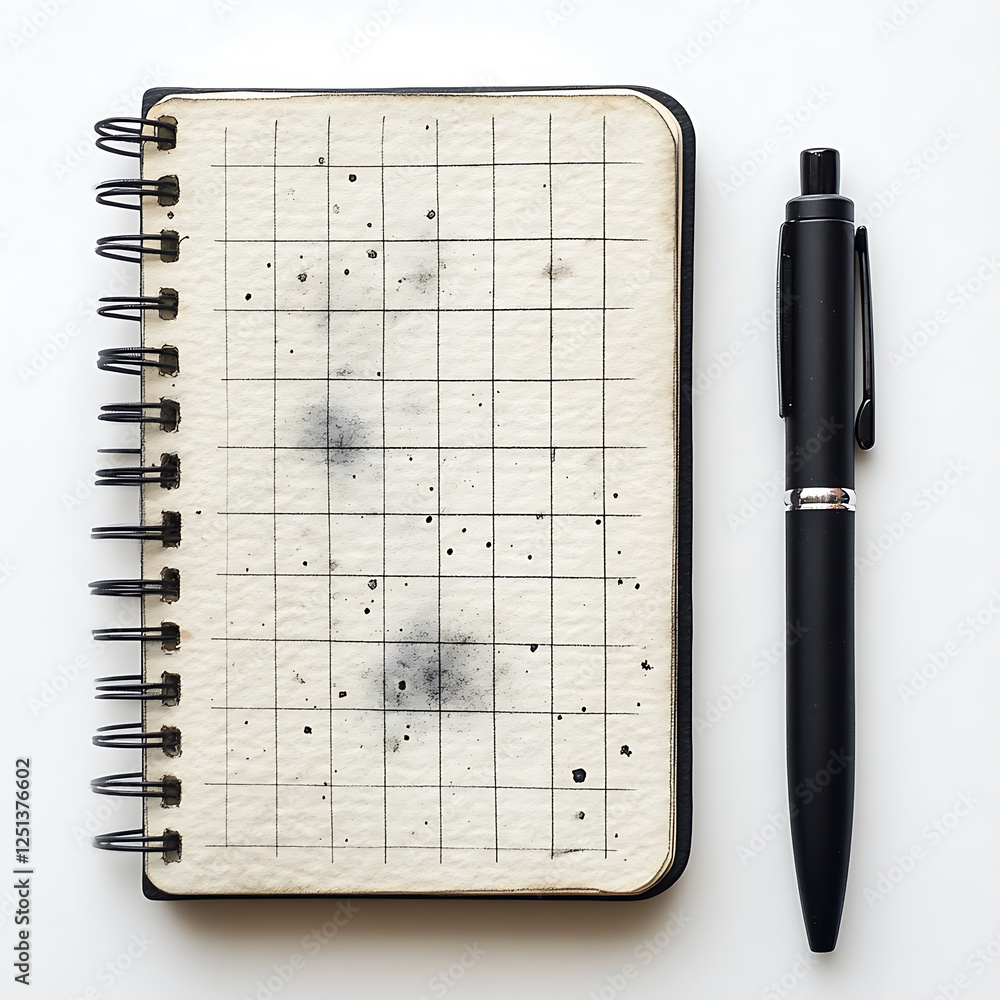 Poster black and white checkered notebook with pen beside it, showcasing grid pattern and some ink splatter