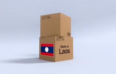Made in Laos, Carboard carton boxes with Laotian flag 3D Render