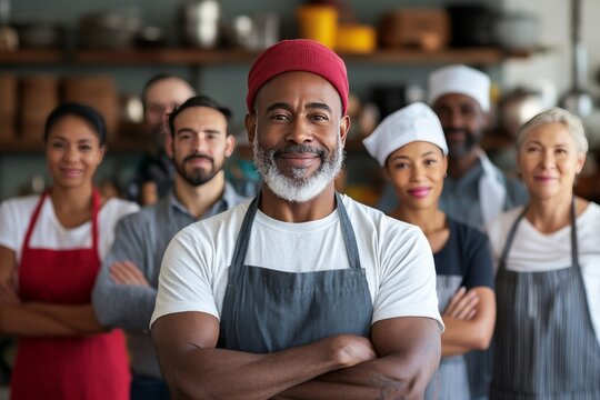 Culinary team of diverse chefs smiles proudly in bustling kitchen environment showcasing teamwork and creativity
