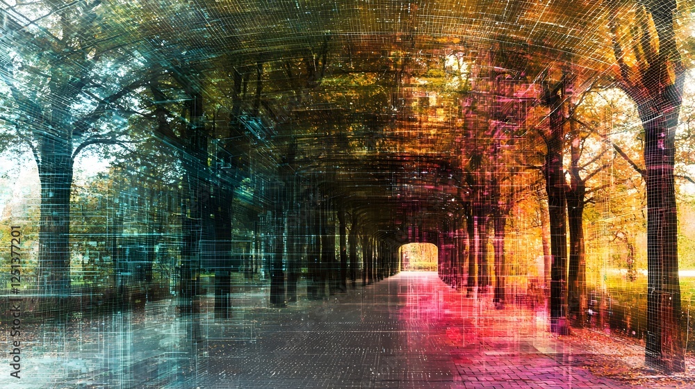 Poster digital landscape representing decade trends with elements of intelligence and virtual spaces futuri