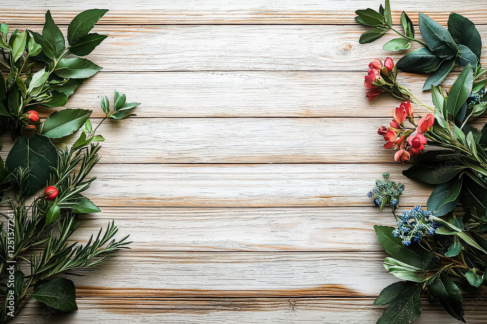 Poster wooden table with a white background and a bunch of flowers on it. the flowers are of different colo