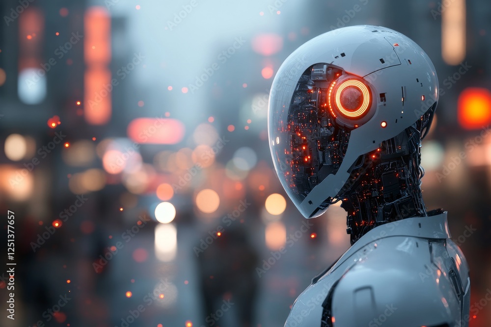 Poster futuristic robot stands in a bustling urban environment during twilight, displaying intricate techno