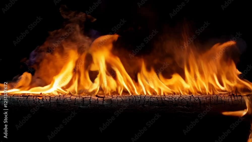 Poster log engulfed in intense flames creating a dramatic fiery scene against a dark backdrop, perfect for 