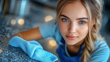 Naklejka premium a skilled female cleaner in uniform meticulously wiping a sleek kitchen counter with a cloth in a contemporary home setting, ensuring hygiene and cleanliness.