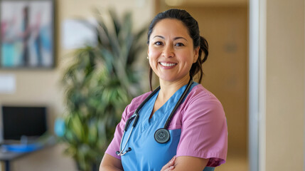 Woman in scrubs standing in a modern office environment with medical equipment visible