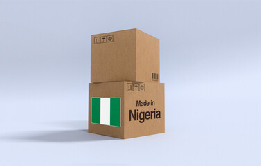 Made in Nigeria, Carboard carton boxes with Nigerian flag 3D Render