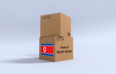 Made in North Korea, Carboard carton boxes with North Korean flag 3D Render