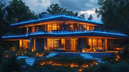 Obraz premium Modern house, night lighting, forest, luxury
