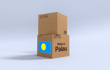 Made in Palau, Carboard carton boxes with Palauan flag 3D Render