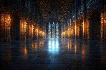 Fototapeta premium Grand hall with stained glass windows illuminated by warm light in a historic setting