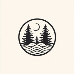 Twin Pine Trees Under Crescent Moon Coastal Scene