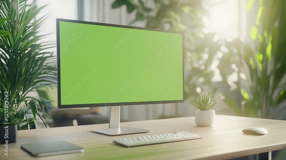 Poster A large widescreen monitor featuring a green screen setup for digital content creation.