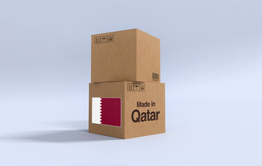 Made in Qatar, Carboard carton boxes with Qatari flag 3D Render