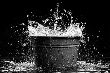 Splash of water is captured in a black and white photo. Concept of movement and energy, as the water droplets are captured in mid-air. The contrast between the dark background and the bright