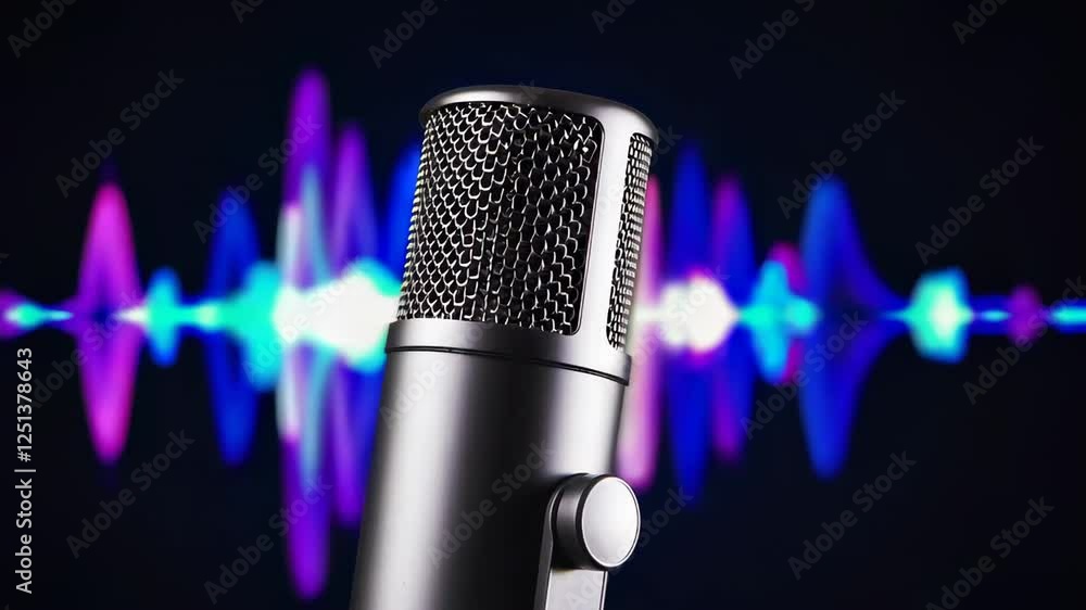 Poster Professional microphone capturing sound waves, visualized as colorful abstract patterns, in a slow motion sequence, ideal for music production, podcasting, or broadcasting concepts