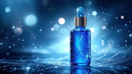 Blue Glass Bottle of Sparkling Serum Cosmetic Product