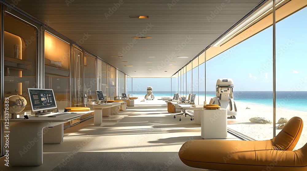 Poster concept of a cutting edge minimalist office space featuring floating desks virtual tools and robotic