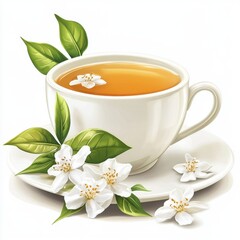 A Serene Cup of Herbal Tea Surrounded by Fresh Green Leaves and Delicate White Flowers, Ideal for Wellness and Relaxation Themes