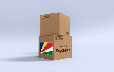 Made in Seychelles, Carboard carton boxes with Seychellois flag 3D Render