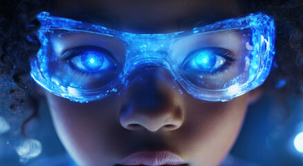 Close-up of a young girl with vibrant blue eyes wearing futuristic glasses, capturing the wonder and imagination of childhood