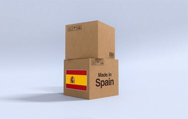 Made in Spain, Carboard carton boxes with Spanish flag 3D Render