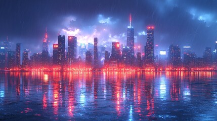 Fototapeta premium Rainy Night Cityscape with Neon Lights Reflecting on River, Urban Reflection and Nightlife
