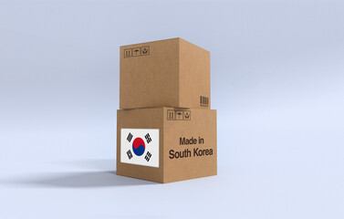 Made in South Korea, Carboard carton boxes with South Korean flag 3D Render