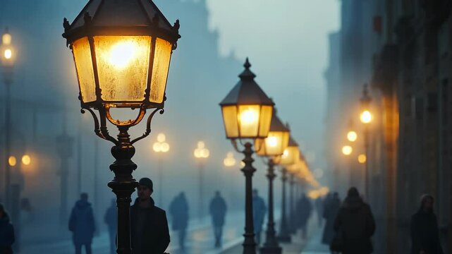 Street lamps glow softly in the fog on an old street. People walk by in the evening, in a photographic style with a blurred background, creating a photorealistic scene.