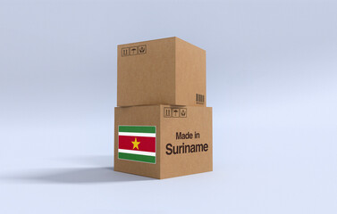 Made in Suriname, Carboard carton boxes with Surinamese flag 3D Render