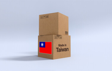 Made in Taiwan, Carboard carton boxes with Taiwanese flag 3D Render