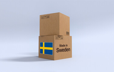 Made in Sweden, Carboard carton boxes with Swedish flag 3D Render