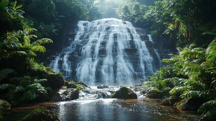 Serene Waterfall Cascading through Lush Tropical Rainforest Paradise