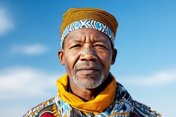 Obraz premium Elderly man dressed in traditional attire stands against a clear blue sky showcasing cultural heritage and pride