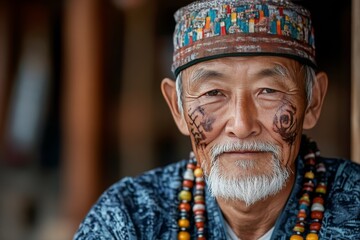 Fototapeta premium Elderly man with intricate tattoos and colorful beads poses warmly in a cultural setting at sunset