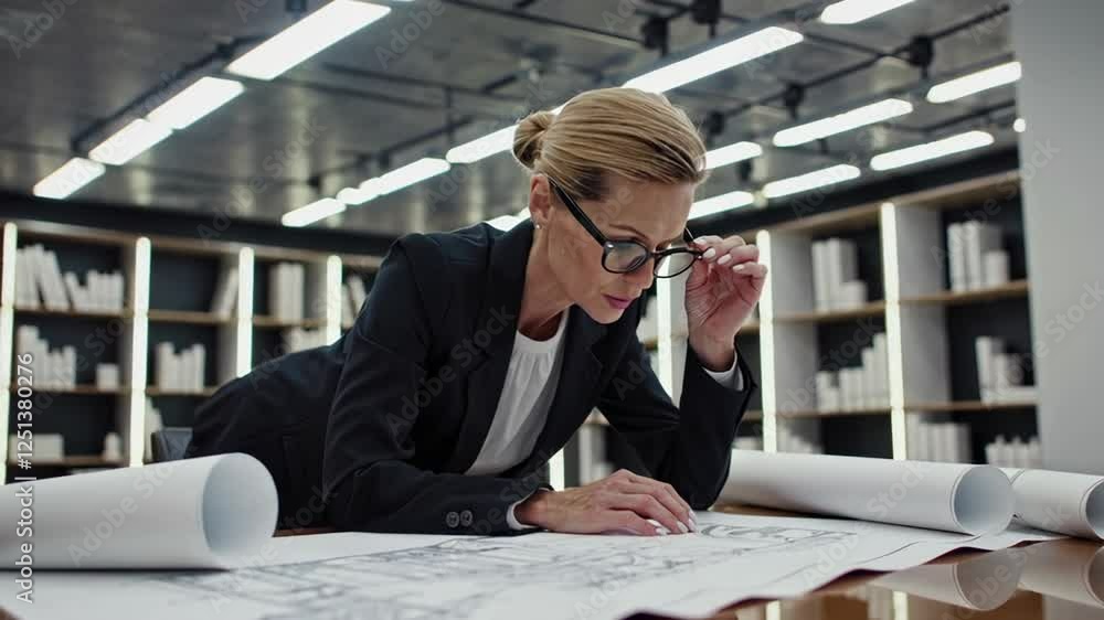 Poster professional architect meticulously reviews blueprints in a modern office, adjusting her glasses for