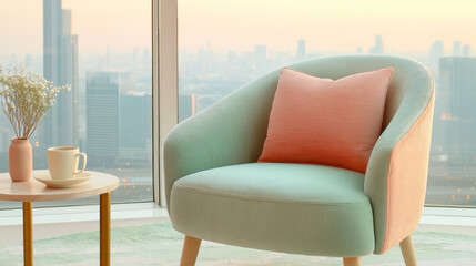 A pastel green and peach armchair with a matching pillow sits by a large window overlooking a soft sunrise city skyline, accompanied by a wooden coffee table with a cup and vase.