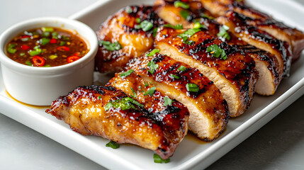 Minimalist and Refined Presentation of Thai Gai Yang Grilled Chicken with Spicy Dipping Sauce